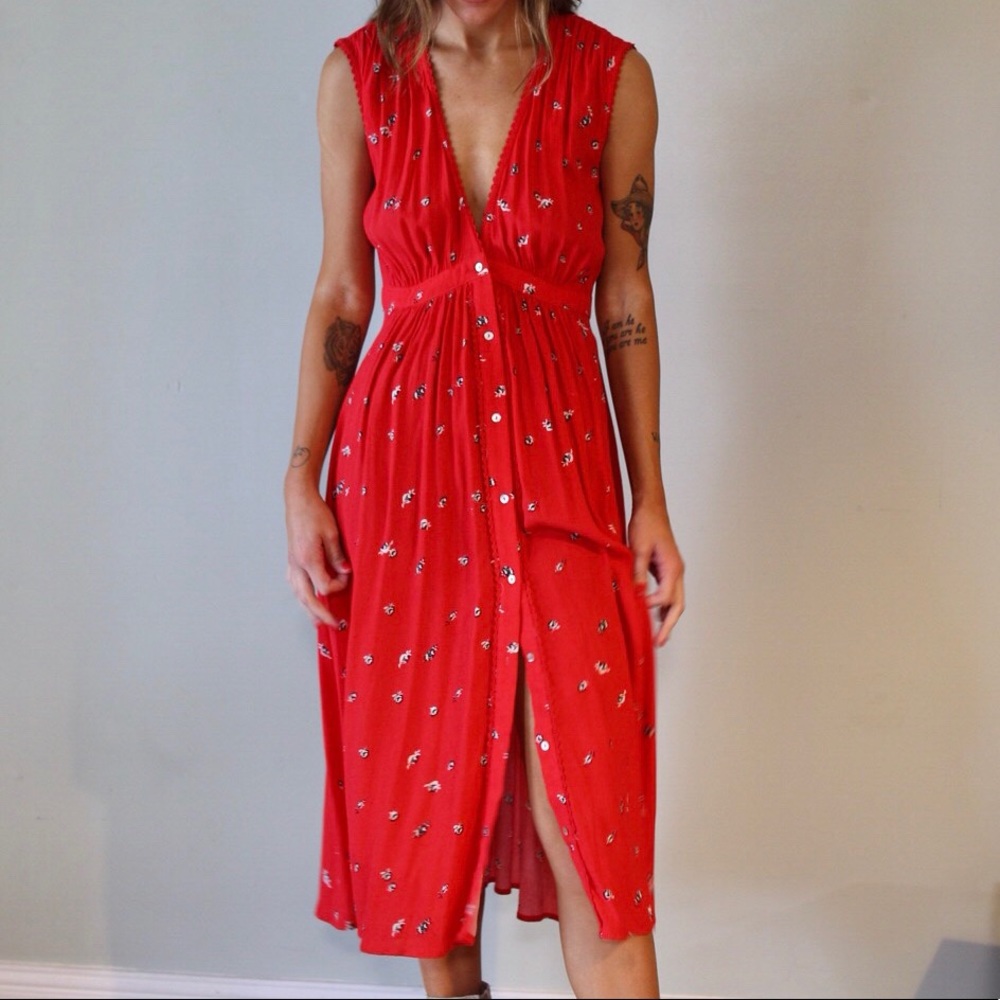 Red floral plunge neckline button up dress